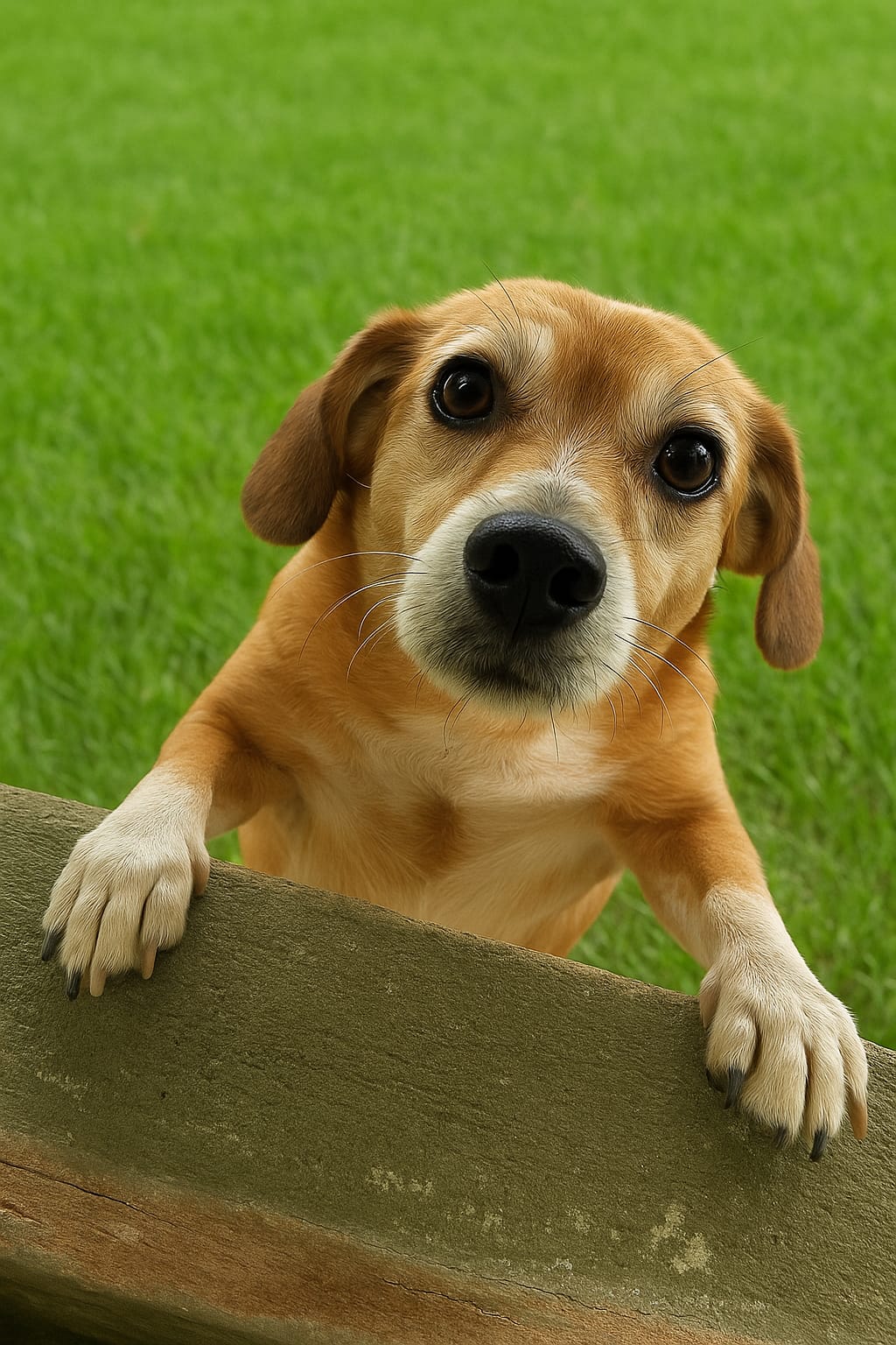 Cachorrinho Bob, de porte pequeno, com olhar meigo e patas apoiadas em mureta, disponível para adoção em Jaraguá do Sul