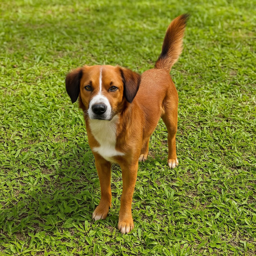 Cachorro Lucky, de porte grande e pelagem caramelo com branco, disponível para adoção em Jaraguá do Sul