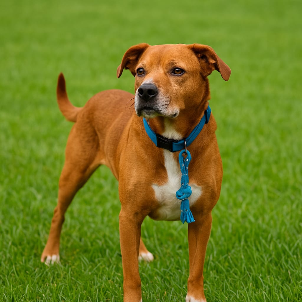 Cachorra Natasha, de porte grande e pelagem caramelo, com coleira azul, disponível para adoção em Jaraguá do Sul