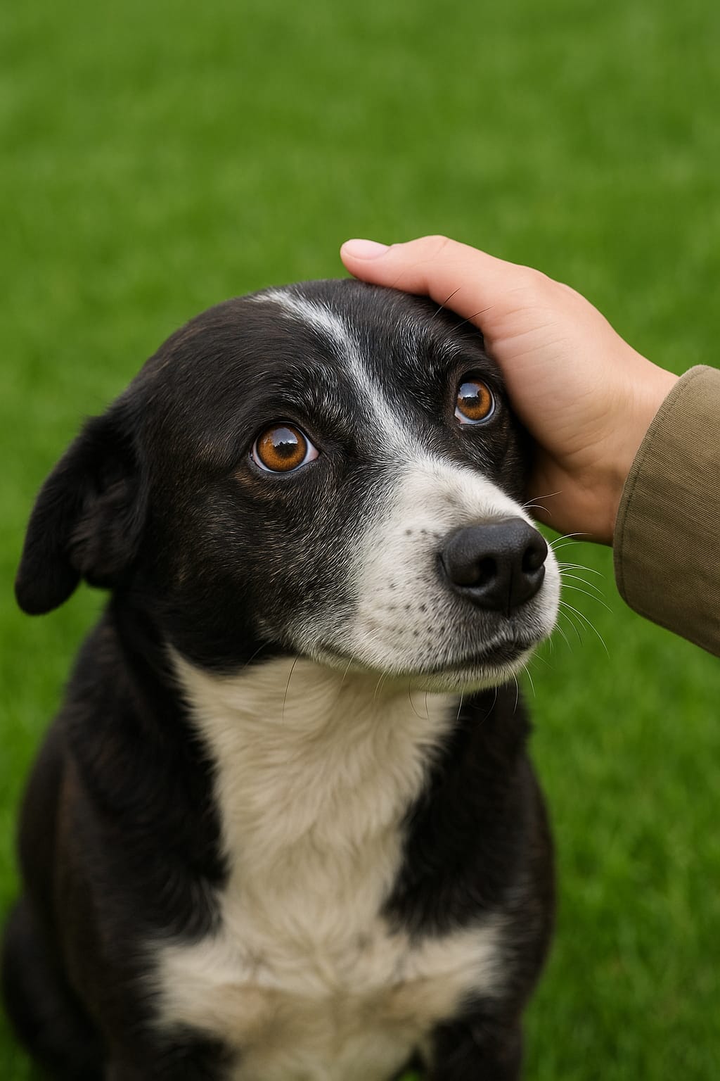 Cachorro Menino, de porte médio e pelagem preta com branco, recebendo carinho na cabeça, disponível para adoção em Jaraguá do Sul