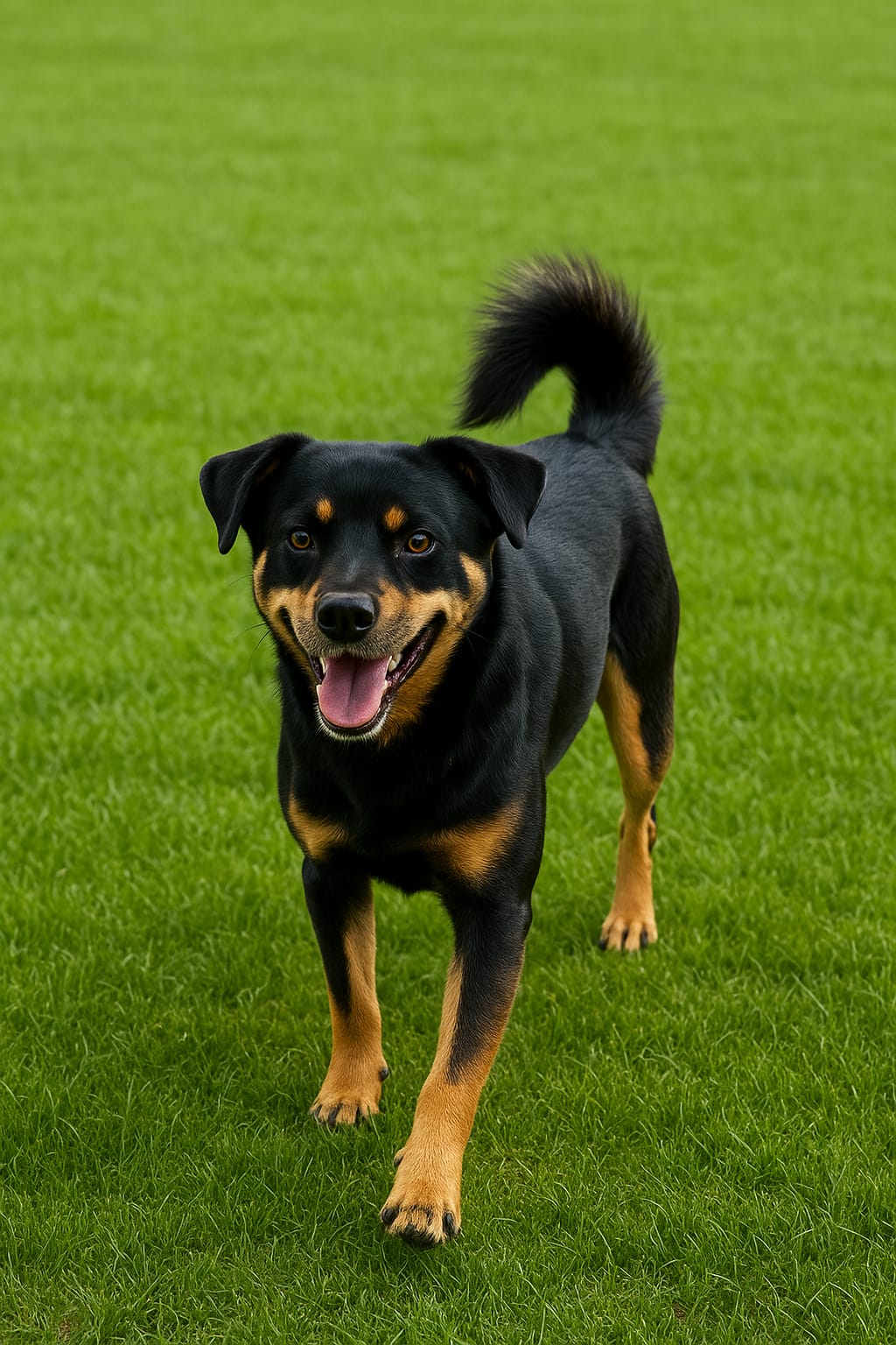 Cachorro Negrinho, de porte médio, pelagem preta com marcas caramelo e expressão alegre, disponível para adoção em Jaraguá do Sul