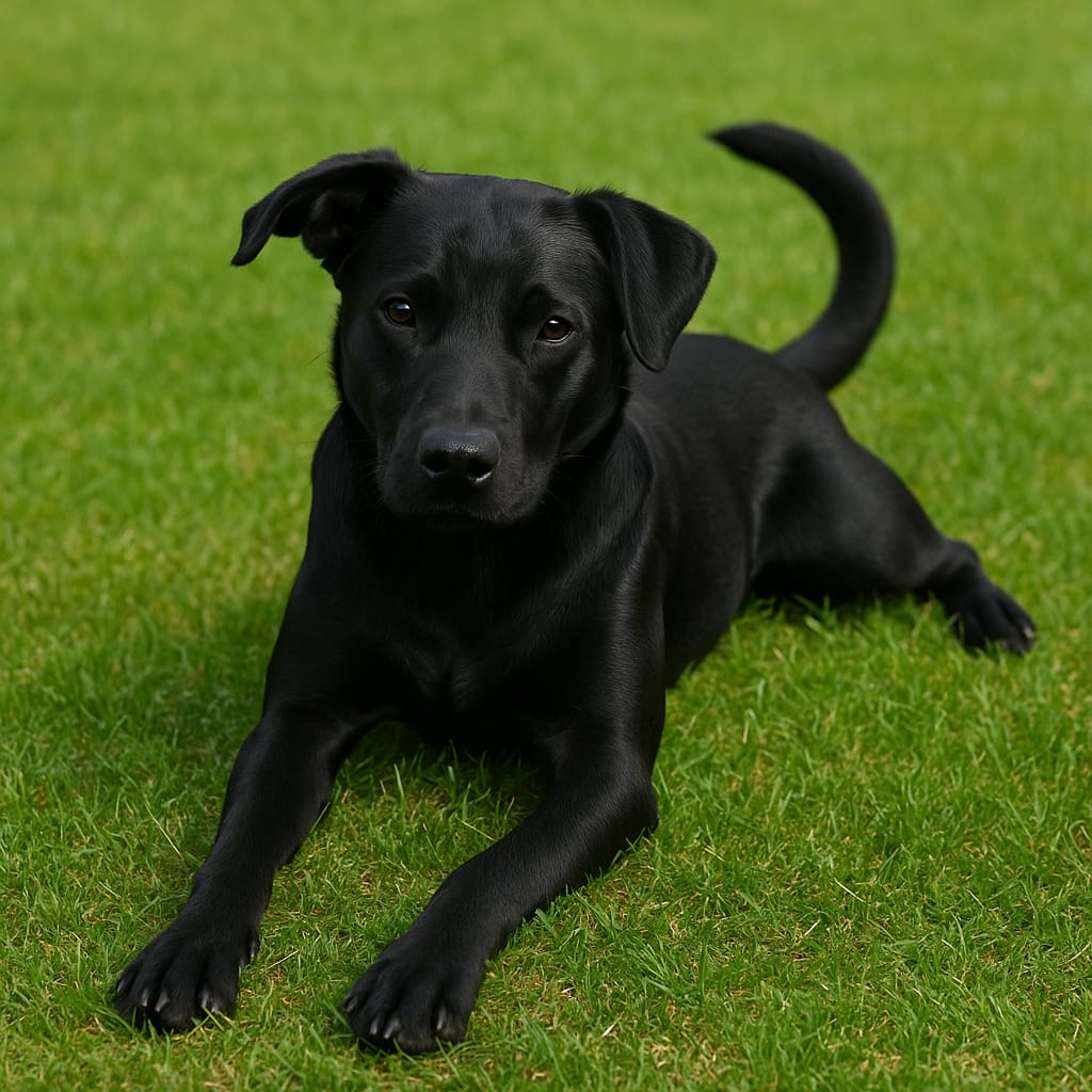 Cachorra Pretinha, de porte médio e pelagem preta brilhante, deitada na grama, disponível para adoção em Jaraguá do Sul