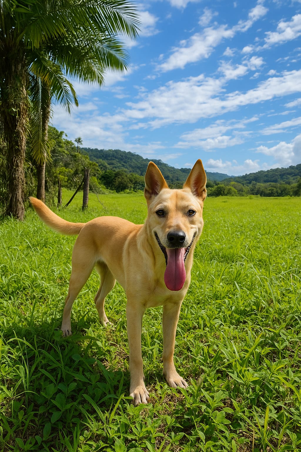 Cachorro Harry Potter, de porte grande e pelagem clara, com língua de fora em campo aberto, disponível para adoção em Jaraguá do Sul