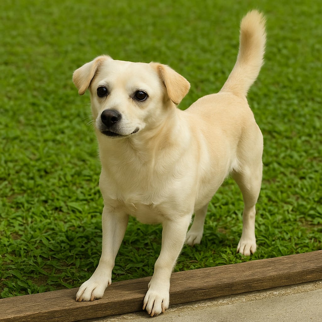 Cachorrinha Bela, de porte pequeno e pelagem clara, em gramado, disponível para adoção em Jaraguá do Sul
