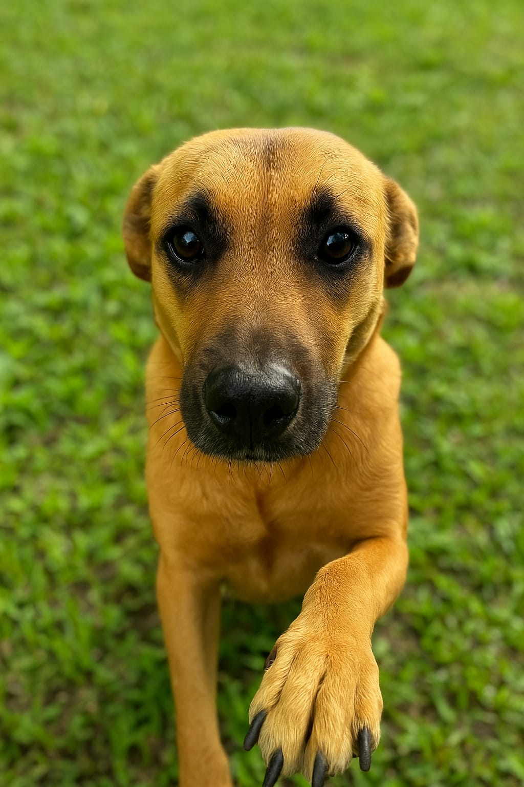 Cachorro Pingo, de porte médio, estendendo a pata com olhar carinhoso, disponível para adoção em Jaraguá do Sul