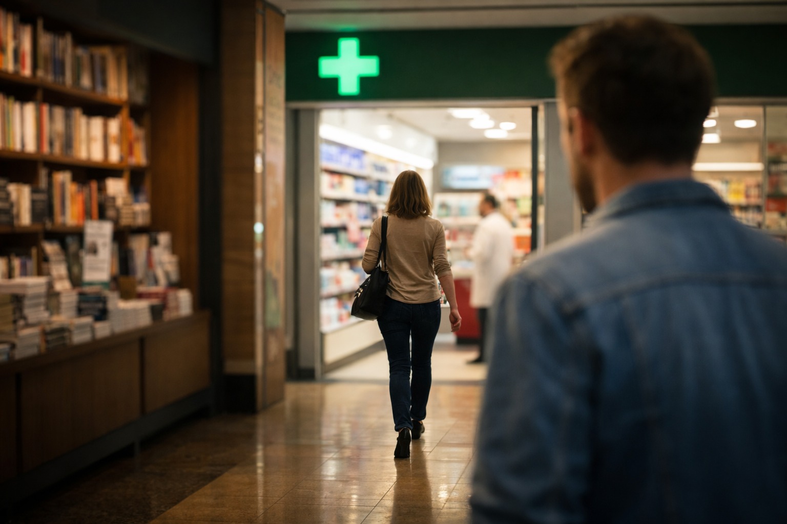 Homem observa mulher entrando em farmácia dentro de shopping com livraria ao fundo