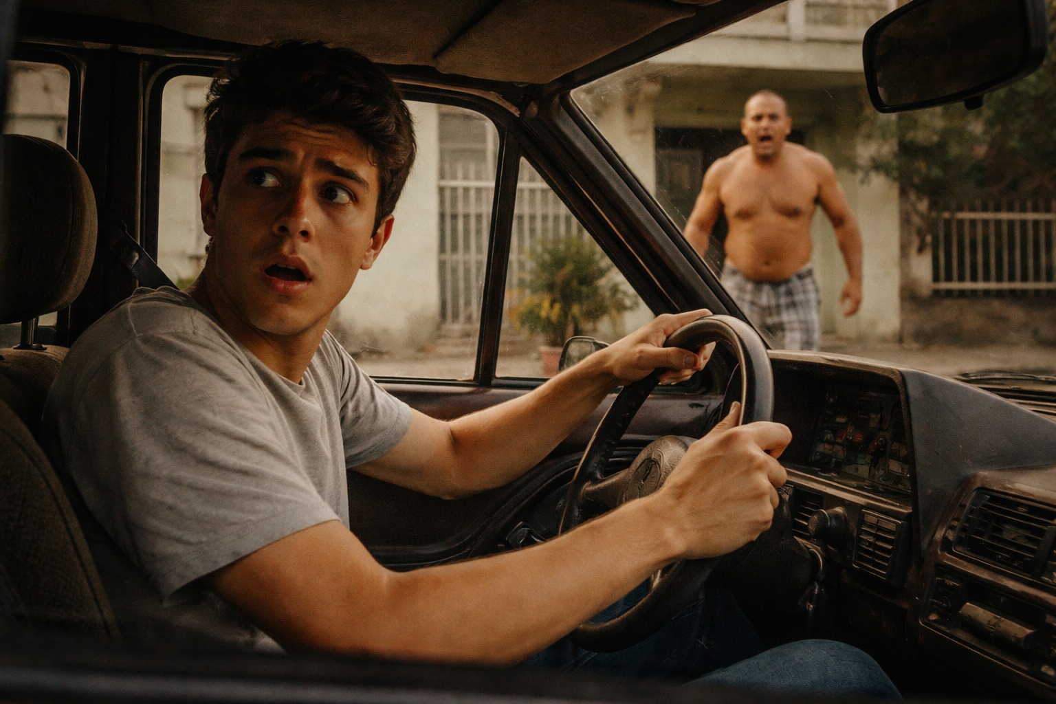 Jovem dentro de Volkswagen Voyage bordô dos anos 90 em momento de confusão em Jaraguá do Sul