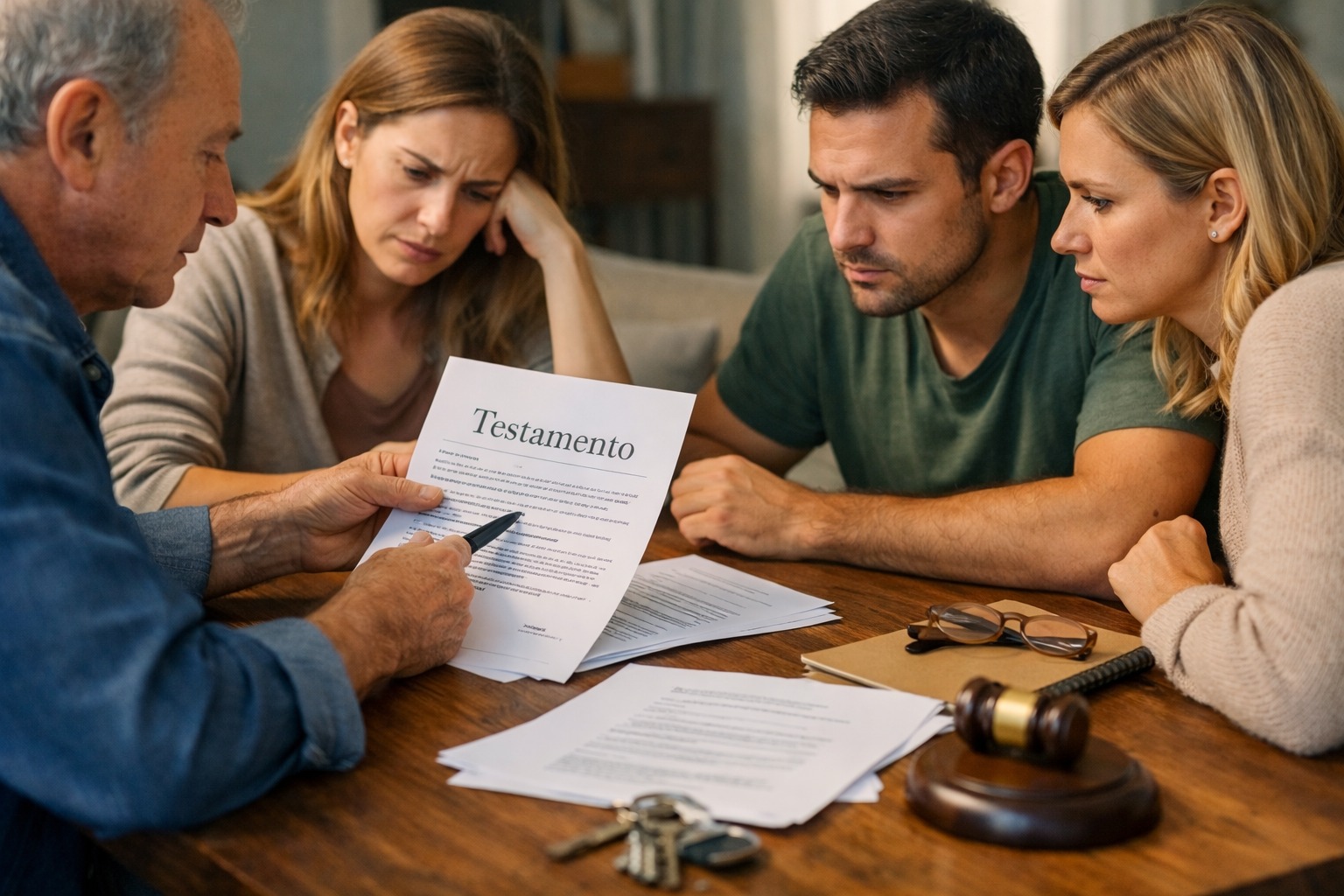 Família discutindo documentos de herança em mesa durante conversa sobre sucessão familiar