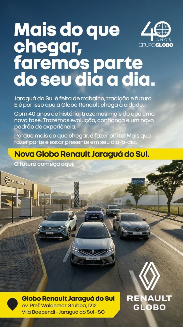 Imagem da nova concessionária Renault do Grupo Globo em Jaraguá do Sul com veículos e anúncio de expansão na cidade.