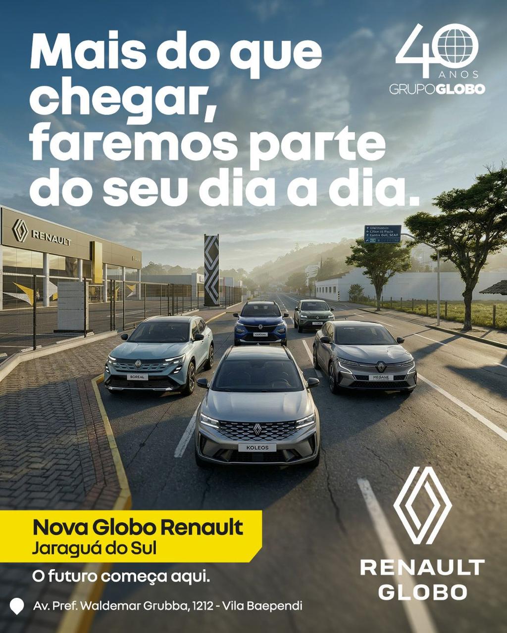 Concessionária Renault do Grupo Globo em Jaraguá do Sul com veículos expostos e anúncio de nova unidade na cidade.