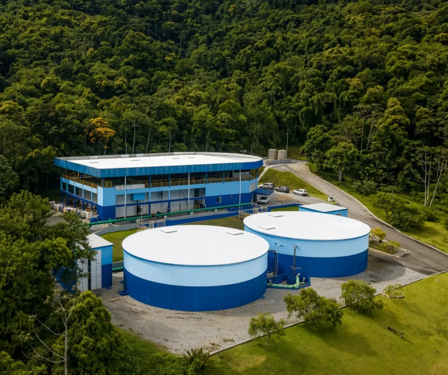 Estação de Tratamento de Água ETA Sul em Jaraguá do Sul cercada por área verde
