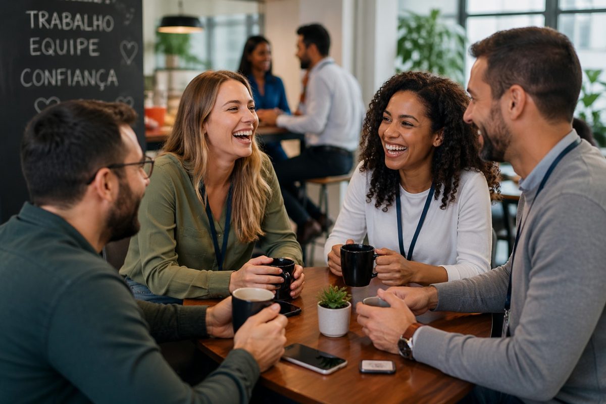 Colegas de trabalho conversando e rindo durante pausa para café em ambiente profissional