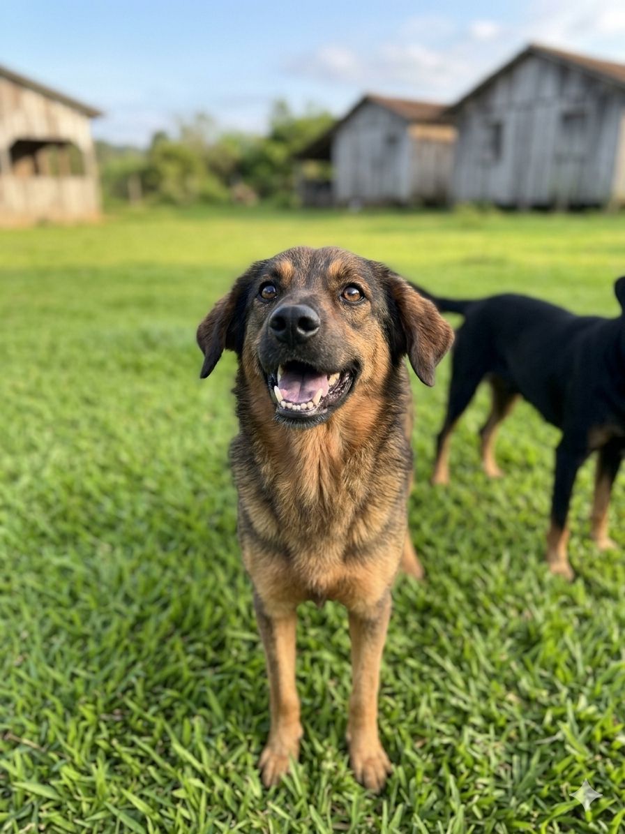 Fofinho, cachorro marrom de porte médio disponível para adoção em Jaraguá do Sul