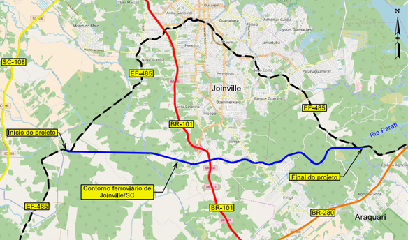 Mapa mostra traçado da ferrovia EF-485 entre Joinville e Araquari
