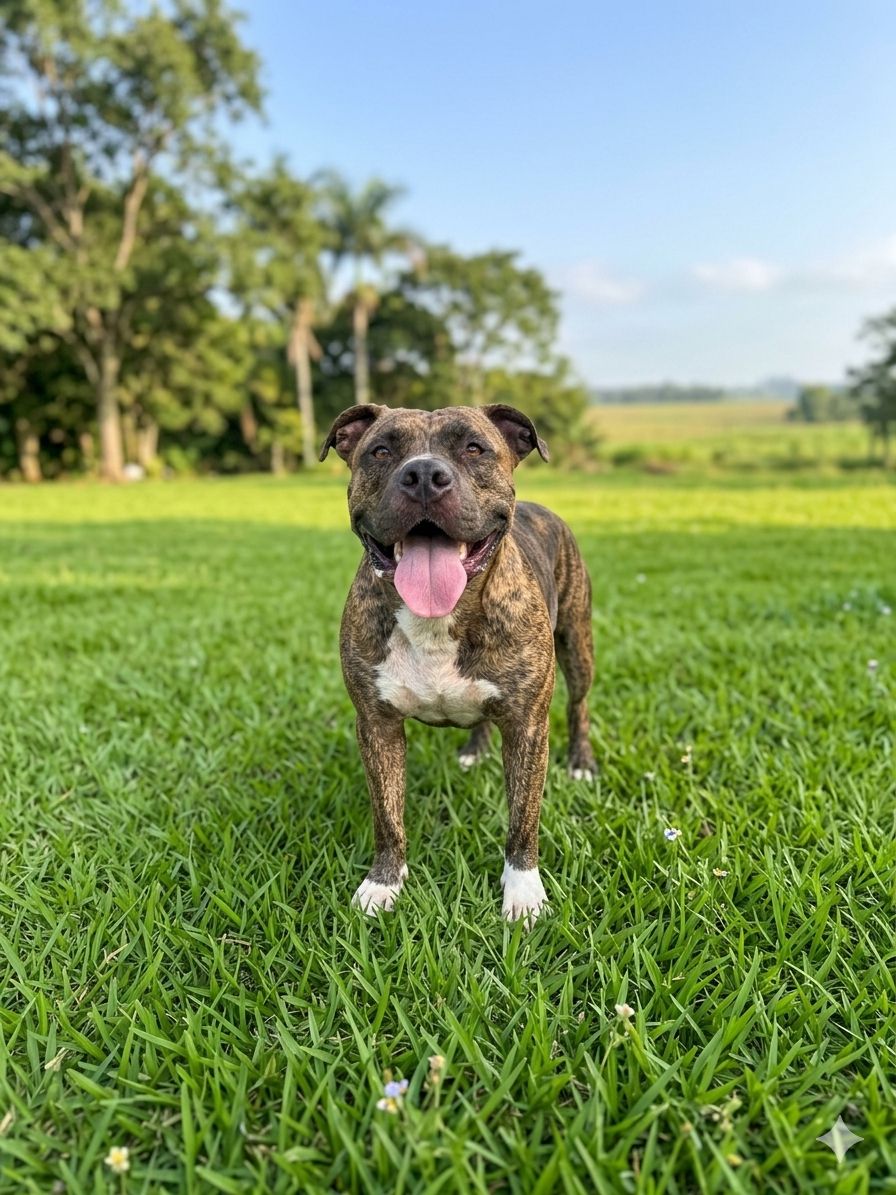 Spike, cachorro de porte médio com pelagem rajada e peito branco disponível para adoção em Jaraguá do Sul