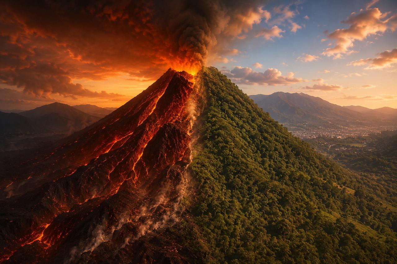 Ilustração que representa o vulcão extinto de Corupá: metade do morro com erupção e lava, metade com mata atlântica preservada, em referência ao Morro do Garrafão