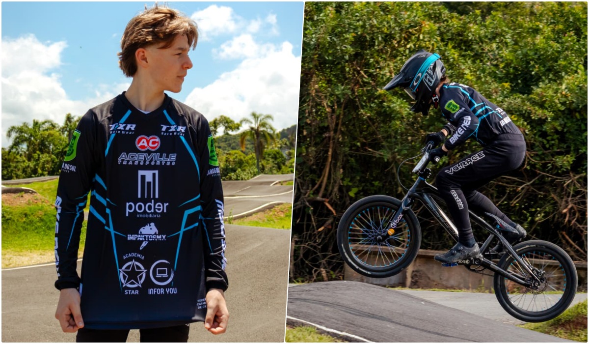 Caio Habeck durante treino e sessão de fotos na pista de BMX em Jaraguá do Sul