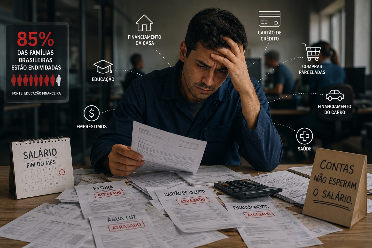 Trabalhador analisando contas atrasadas e faturas em ambiente corporativo, representando o impacto do endividamento na produtividade e na saúde financeira.