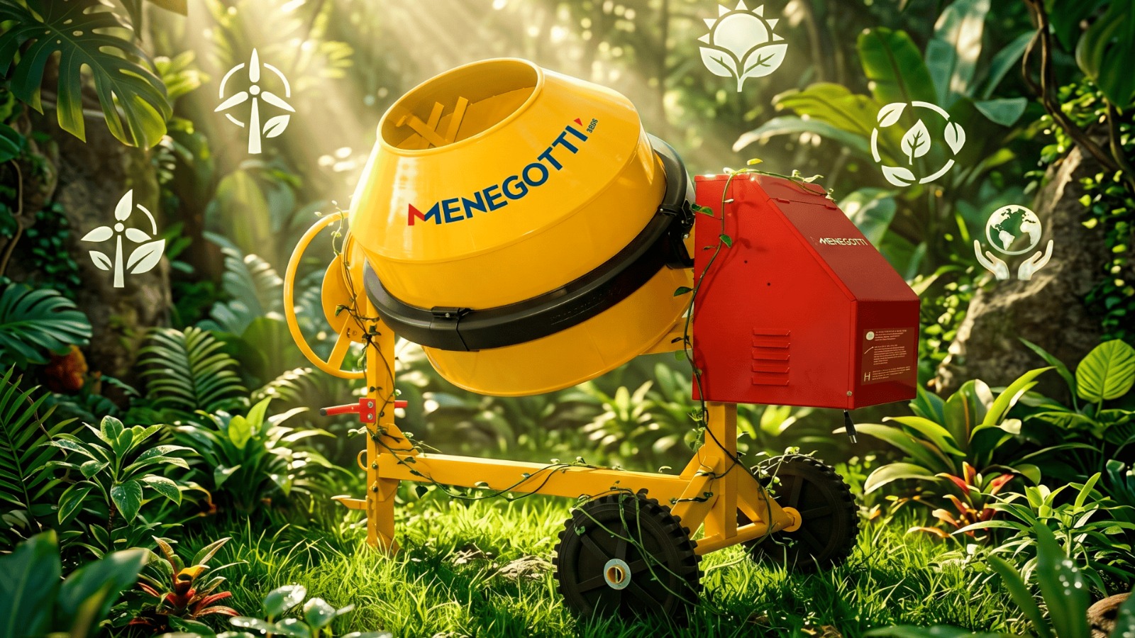 Betoneira da Menegotti em cenário com vegetação e elementos que representam sustentabilidade, energia renovável e compromisso ambiental.