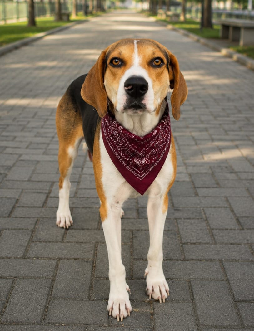 Pirata, cão de porte médio disponível para adoção pela AGUAPA, usando lenço vermelho durante passeio.
