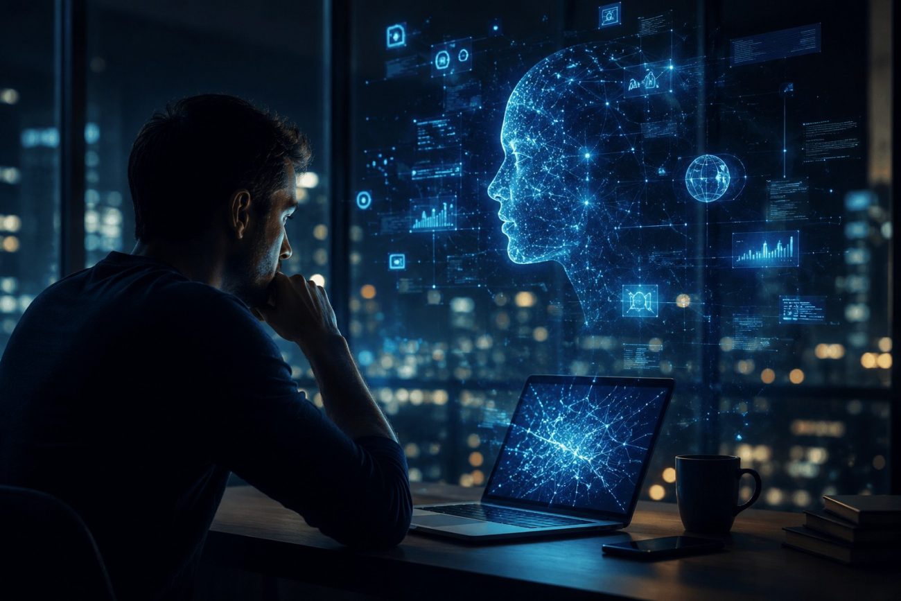 Pessoa observando tela digital em ambiente escuro com atmosfera futurista