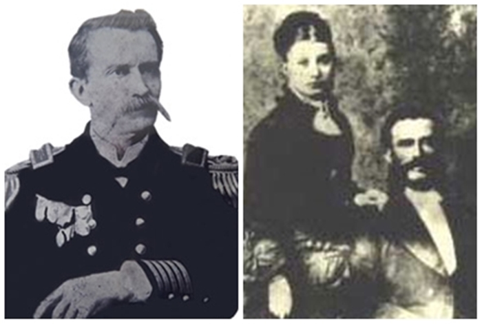 Dois retratos de época de Emílio Carlos Jourdan, um fardado e outro jovem ao lado da esposa Helena Caffier