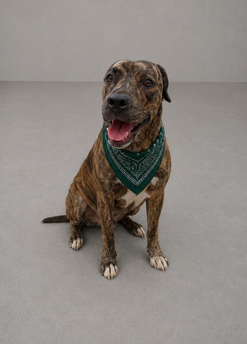 Fred, cão de porte médio disponível para adoção pela AGUAPA, usando lenço verde.