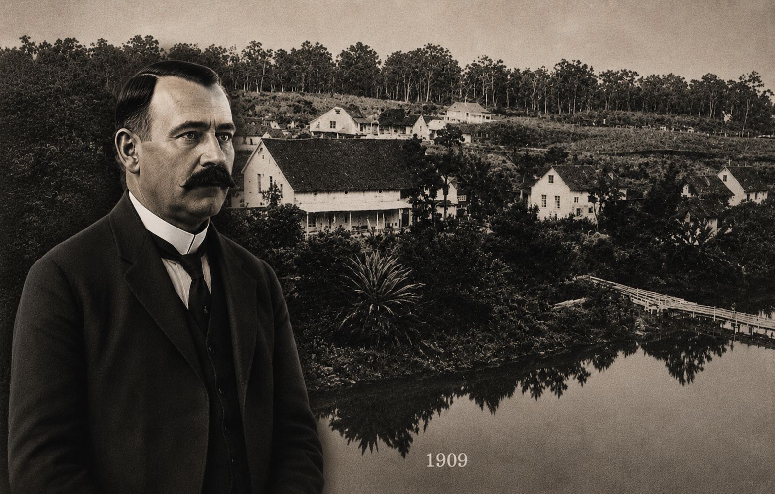 Povoado de Jaraguá do Sul no início do século 20, com casas de madeira, vegetação e a primeira ponte de madeira sobre o Rio Itapocu ao fundo