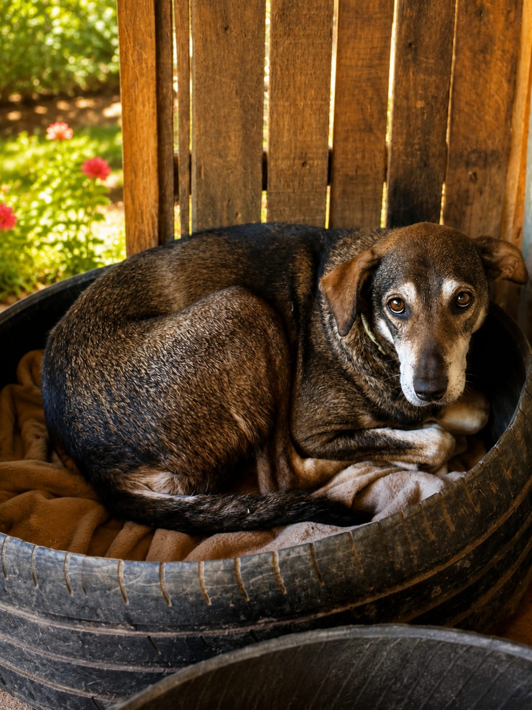 Sossego, cão de porte médio disponível para adoção em Jaraguá do Sul, deitado ao sol.