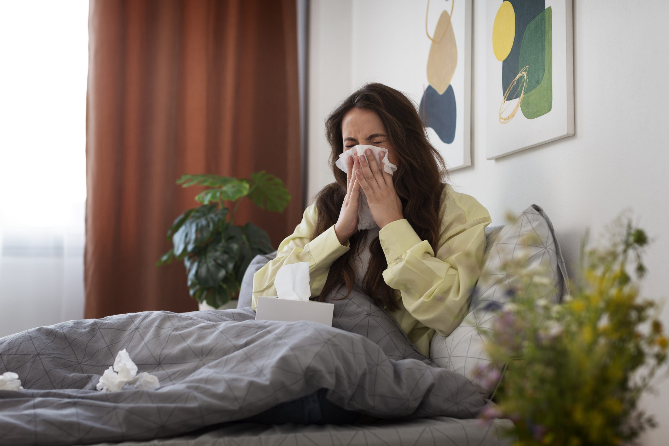Mulher com sintomas respiratórios utiliza lenço enquanto se recupera de gripe em casa.