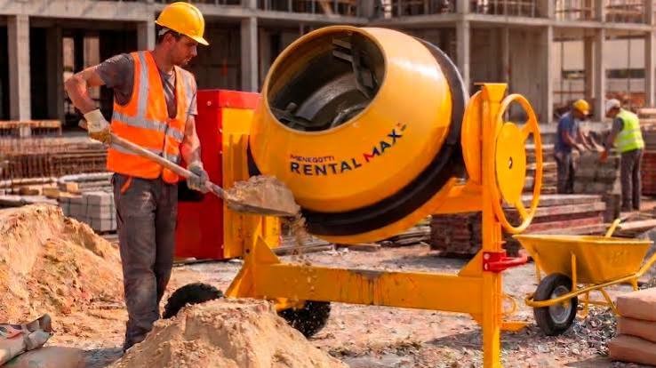 Operário utiliza betoneira durante a preparação do concreto em uma obra de construção civil.