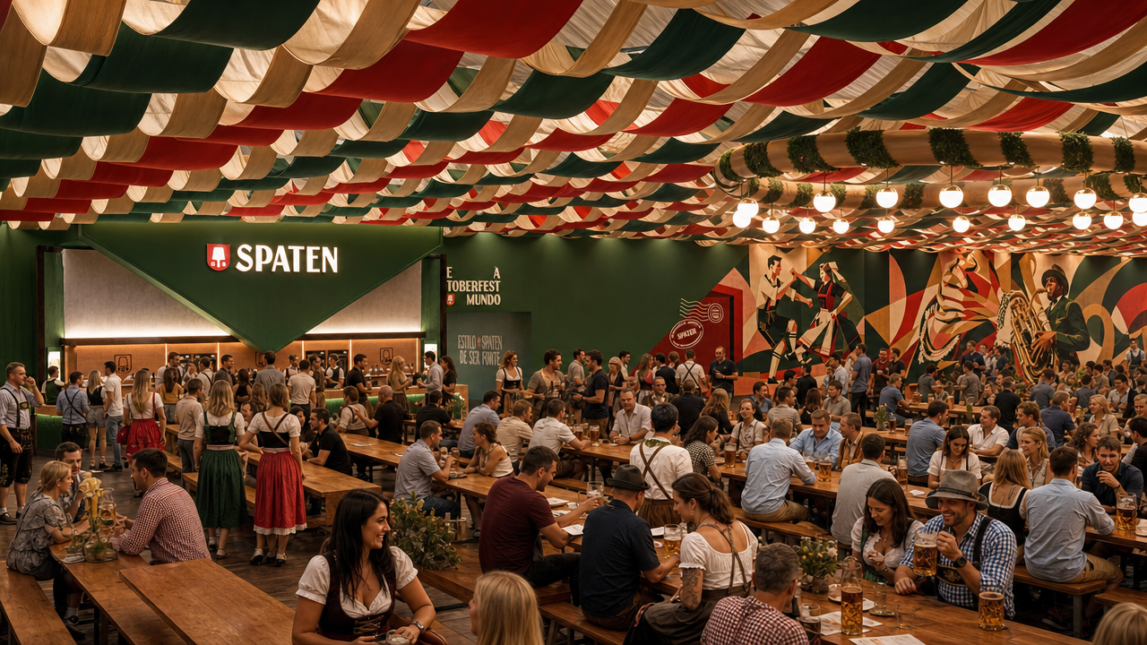 Renderização do Setor 1 da Oktoberfest Blumenau 2026 com nova cenografia inspirada em Munique