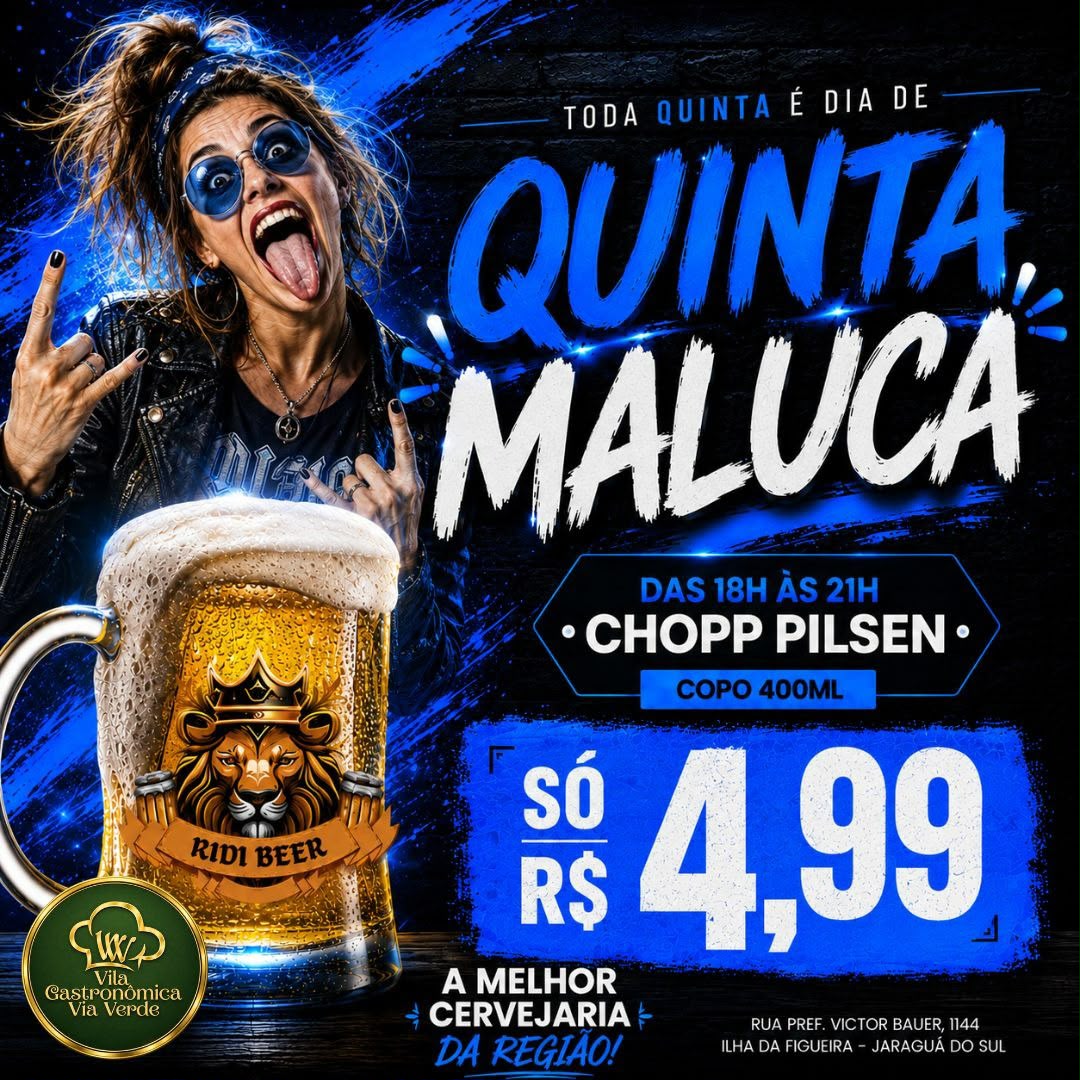 Promoção Quinta Maluca oferece chopp Pilsen de 400 ml por R$ 4,99 na Vila Gastronômica Via Verde