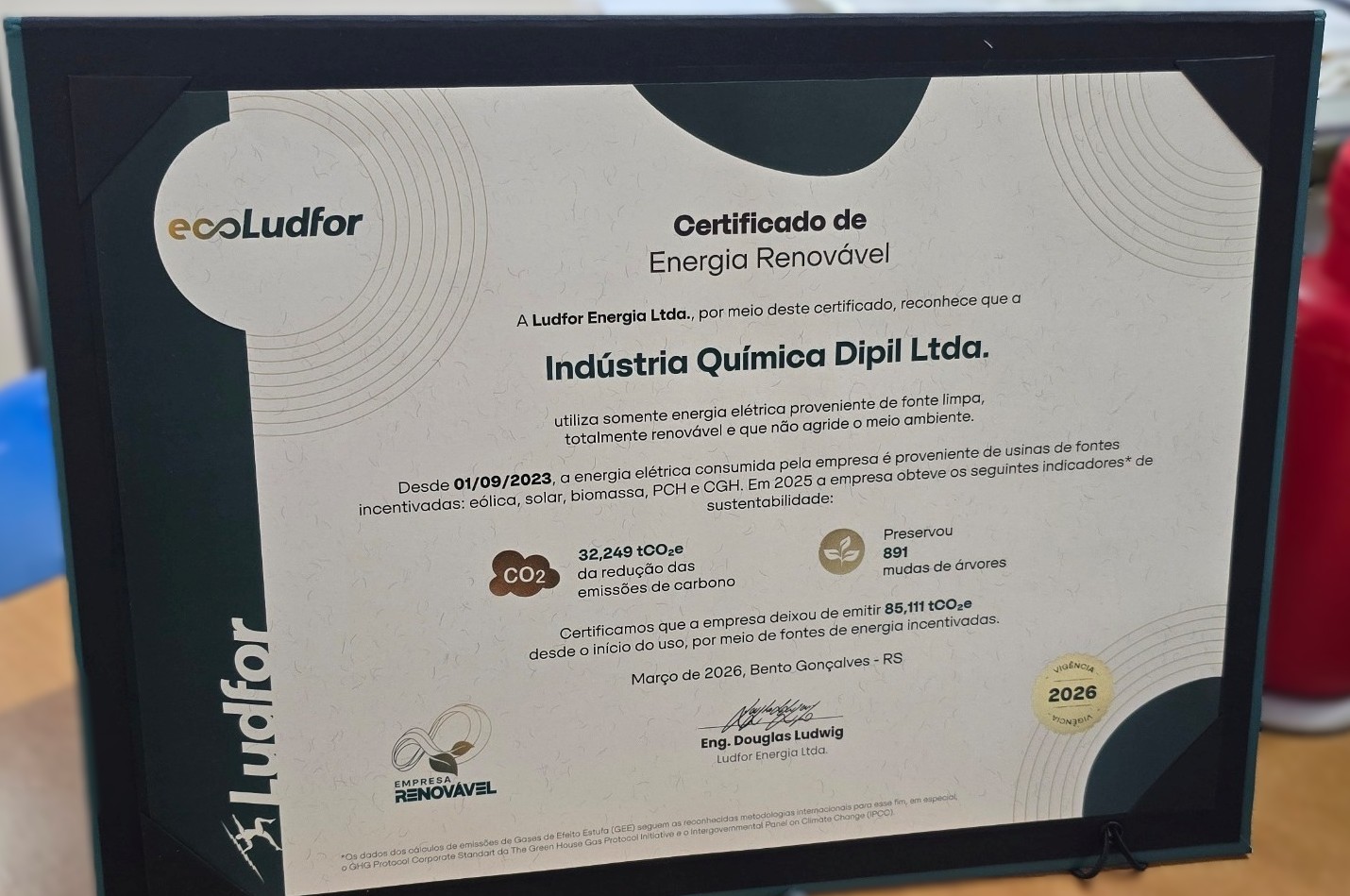 Certificado Empresa Renovável concedido à Dipil pela Ludfor Energia.