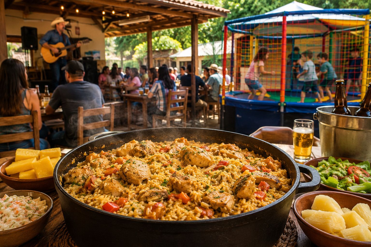 Panela de galinhada com arroz, frango e pimentão ao centro da mesa, cercada por polenta, salada e aipim, com música ao vivo e área kids ao fundo