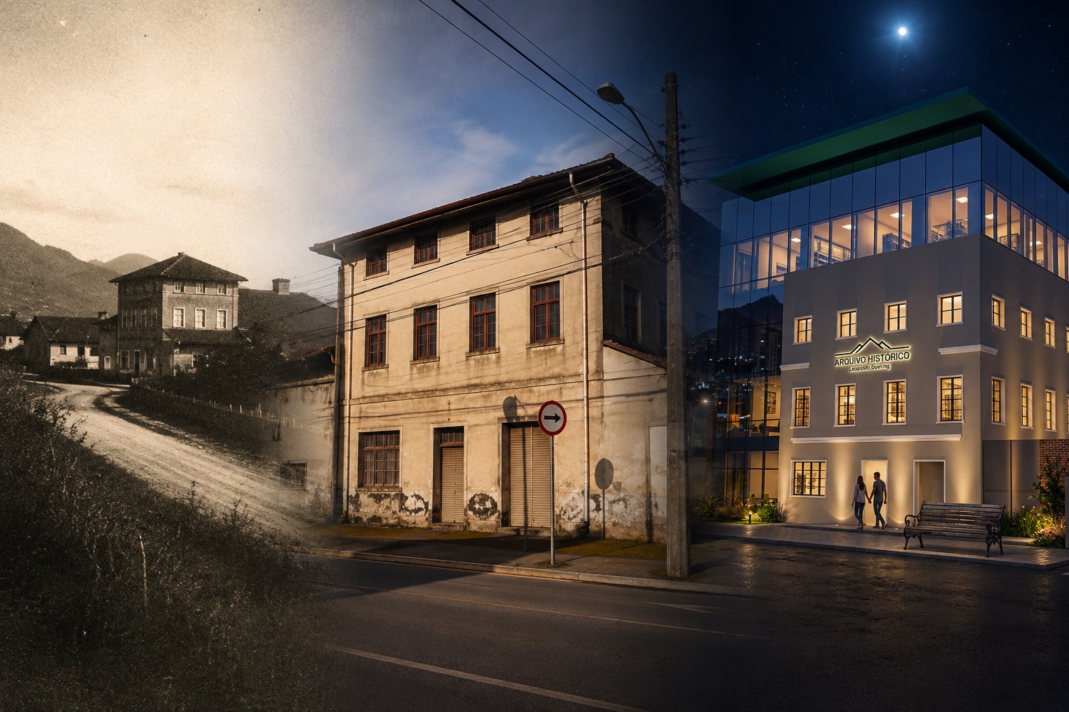 Montagem do antigo Salão Doering em Jaraguá do Sul: o casarão no passado, o prédio atual deteriorado e a proposta de restauro do arquiteto