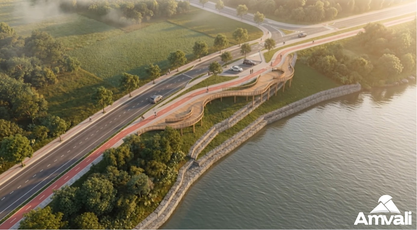 Renderização da Via Verde de Guaramirim mostra mirante e deck sobre as margens do Rio Itapocu.